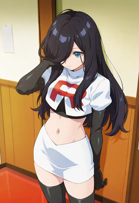 best quality, masterpiece
BREAK
1girl, natsukohirose, black hair, long hair, blue eyes,
team rocket,team rocket uniform,white skirt,red letter R,crop top,black thigh-highs,black elbow gloves, cowboy shot,
indoors