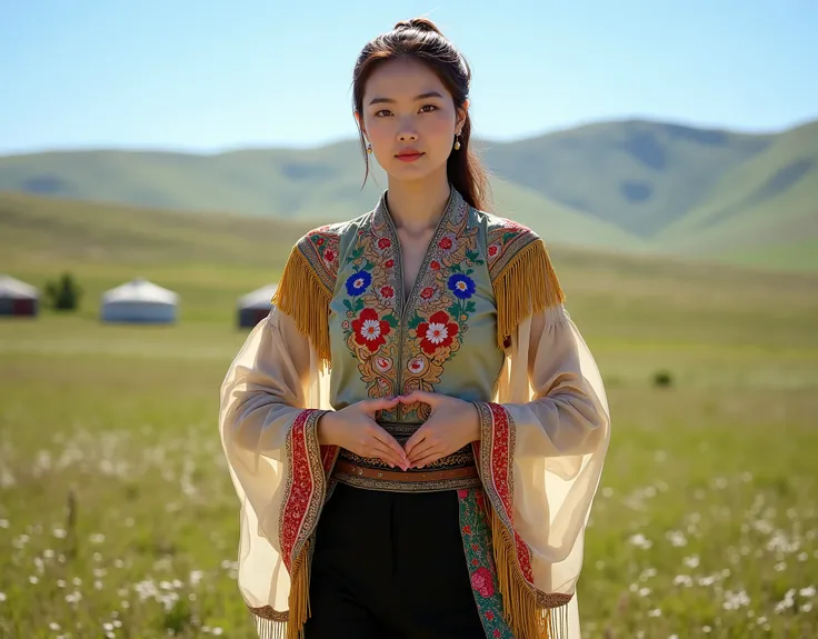 A professional full-body photograph of a young woman in a culturally inspired outfit, standing confidently in an open green field typical of Mongolia’s rural landscape. She has a slender yet athletic build, with brown hair neatly tied back into a bun and f...