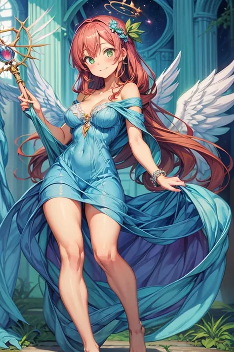 (masterpiece, best quality) cute anime angel girl, red long hair, delicate angel wings, barefoot, sexy smiling, sexy pose, coquette, beautiful long legs, mature girl, gorgeous body, pronounced breasts, standing, intricate details and sunlight ethereal indo...