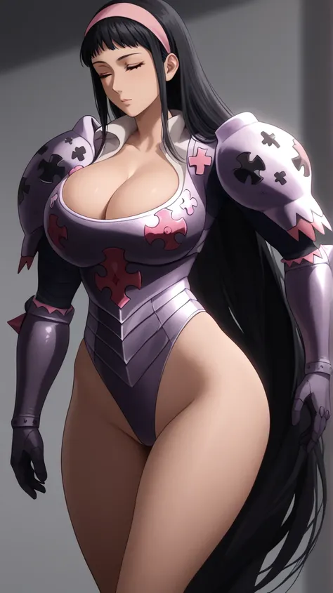 ((((1girl)))), (((slutty leotard armor, cleavage))), ((sexy pose, posing, showing off elegance)), (huge breasts, big butt, wide hips), guila, long hair, black hair, very long hair, closed eyes, hairband, pink hairband, intricate detail, hyper-anime, trendi...