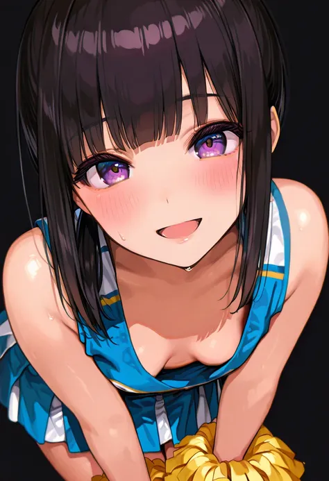 8K, detailed-anime, cute short girl, face focus, open mouth smile, blush, small breasts, hanging_breasts, breasts_apart, green cheerleading uniform, pom-poms, ponytail, black hair, leaning forward, (black-background:1.2), dynamic-lighting, long straight ha...