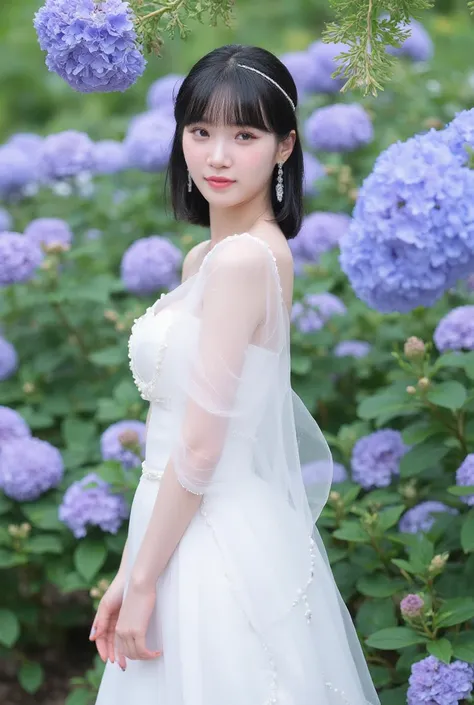   bride costume，Alone，Surrounded by hydrangeas， white skin，