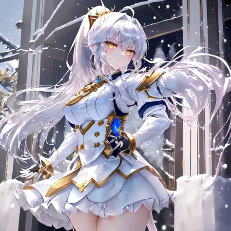 {   top quality}, {  Very beautiful }, {  非常に詳細a  cute sexy samurai( as pictured)　 ( cute,  1 girl、Age 25,  ponytail on panty, (Silver shiny hair)　　(((Gives off a golden aura from the whole body)))　(Summon the Snow Dragon)、(Angles from the Dragon)Silver ba...