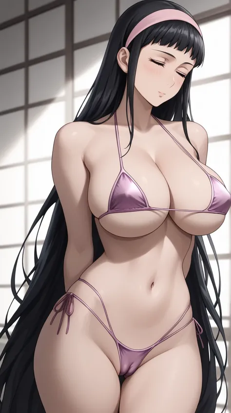 ((((1girl)))), (((mini bikini, cleavage, cameltoe))), ((sexy pose, posing, showing off elegance)), (huge breasts, big butt, wide hips), guila, long hair, black hair, very long hair, closed eyes, hairband, pink hairband, intricate detail, hyper-anime, trend...