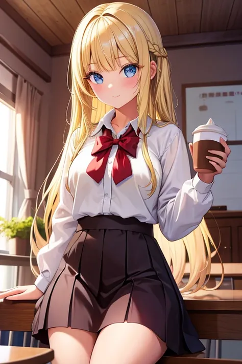  high school girl,Morning Coffee,  Hi-Res,  long hair,  glances,  Masterpiece,  blonde, 