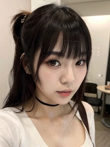 Young Japanese woman with cute makeup. Selca . Has bangs.  sexy.