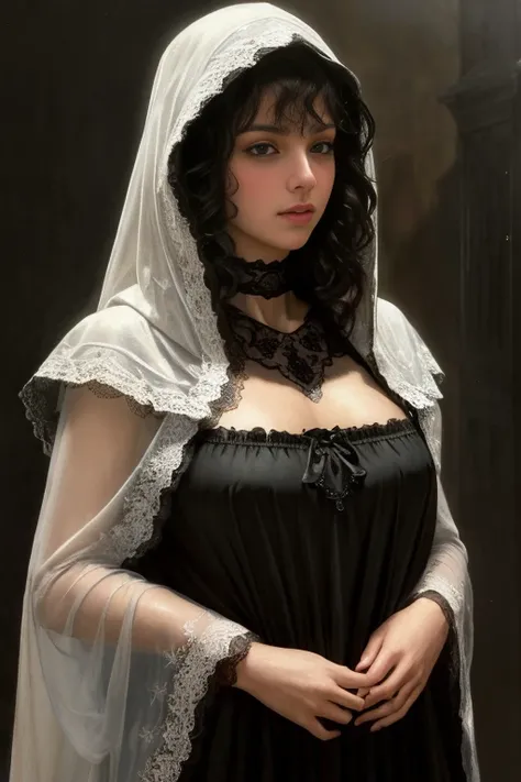 Beautiful Spanish (paladin:1.0), wearing a [:sexy:.2] (lace:1.2) hooded cloak [::.3], (gothic choker, ribbons), o-ring collar, [:(nsfw, topless, erotic:.9):.2] fantasy art, concept art, delicate features, feminine eyes, Chiaroscuro , (style of howard chand...