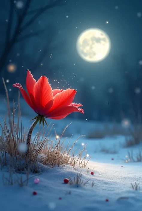 A red flower is open amid the snow at night and the moon illuminates the place