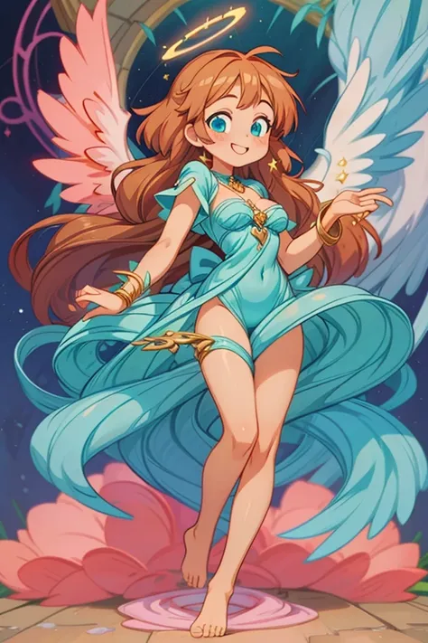 (masterpiece, best quality) cute anime angel girl, orange long hair, delicate angel wings, barefoot, sexy smiling, sexy pose, coquette, beautiful long legs, mature girl, gorgeous body, pronounced breasts, big breast, standing, intricate details and sunligh...