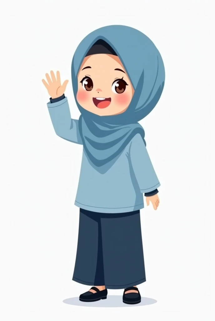 Cartoon style, malaysian elementary school girl wearing a school uniform, consisting of a light blue hijab covers the hair, the hijab cover all the chest, a matching long tunic, dark blue pants, and black shoes. Waving happy pose with plain background