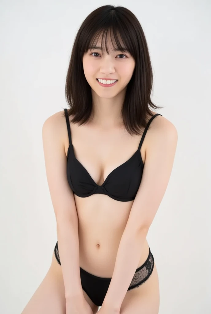 nsfw,(((High resolution,top quality, super detailed, Masterpiece , very detailed,realistic,real person,Ultra detailed skin))) ,simple background, from front, full body, looking at viewer , smile, black hair, medium breasts, nude,hentai panty, black panty, ...