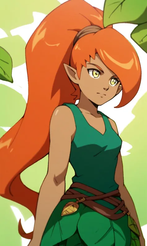 Edyn, 1girl, dark-skinned female, orange hair, long hair, ponytail, gold eyes, pantyhose, pointy ears, tank top, leaf skirt