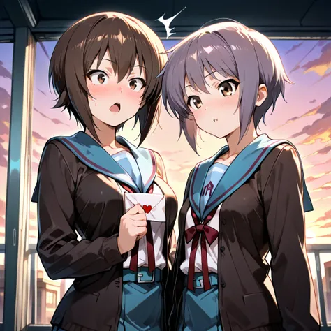 (masterpiece, best quality:1.2),,two beautiful girls,school looftop,evening,(Nagato Yuki,Give them a love letter,school uniform),(Nishizumi Maho,slightly surprised expression,school uniform)