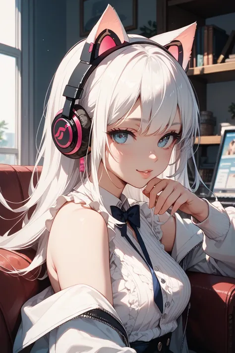 Write a girl with white hair and cat ear headphones