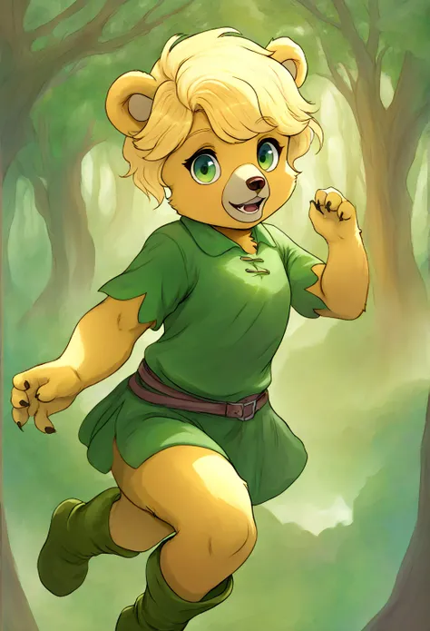 score_9, score_8_up, score_7_up, rating_safe, source_furry, solo, sunni gummi, young anthro, bear, blonde hair, green eyes, green tunic, green boots, buckled waistband, outside, detailed background, forest, three-quarter portrait, open smile, dynamic pose,...