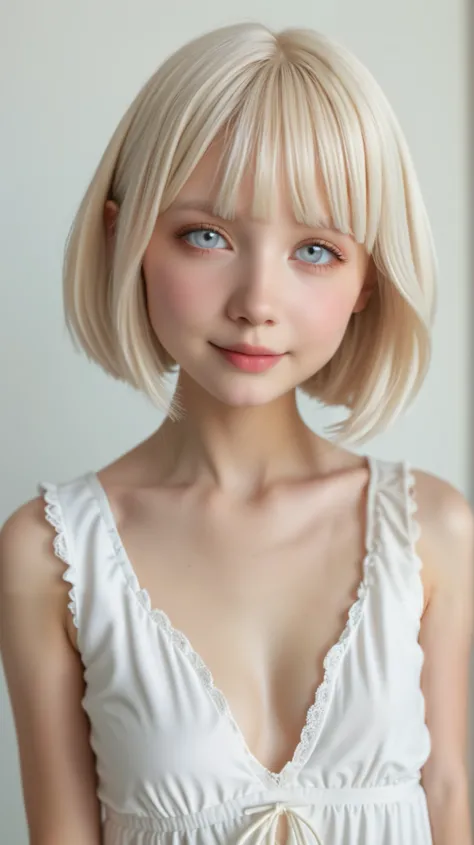 ((( white background:1.3)))、((( 1 Albino Girl 、 cute face、 cute girl))),  agers ,((( White eyes :1.3)))、white dress、(( white shirt:1.3、 White Block Dress)), tyndall effect,  by Nomi, Shadow Studio ,Ultramarine、illumination, デュアルトーンillumination, ( detailed ...