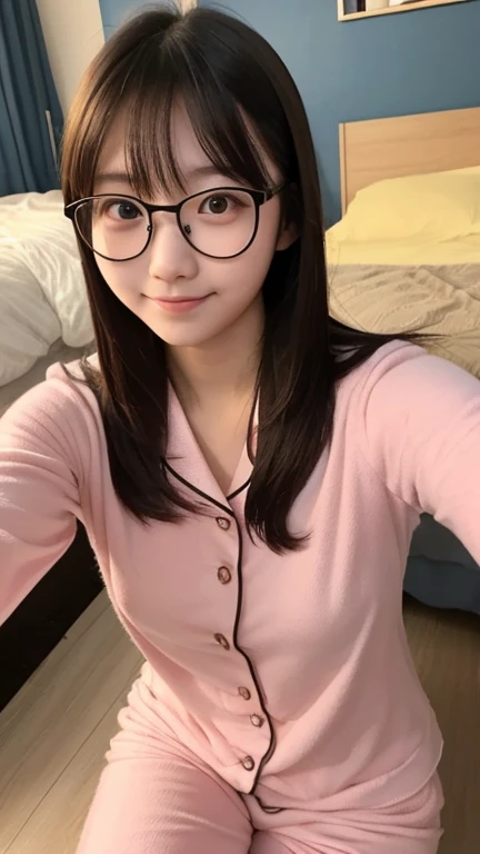 Female teenager cute 155 cm selfie camera bob hair in pajamas looking like potatoes date glasses Japanese people don't show their hands