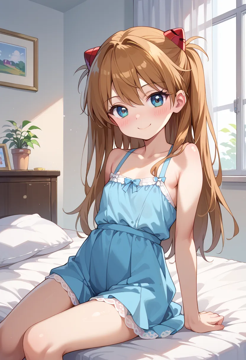 (( top quality)), (( Masterpiece)), (be familiar with),  perfect face,  indoor, bedroom,  Watching Viewers,
One woman,  Soryu Asuka Langley,
開いた口,  with an ecstatic expression, blush, smile,
 small tits,  flat chest, Young girl,  lori,  s,  girl,
 long hai...