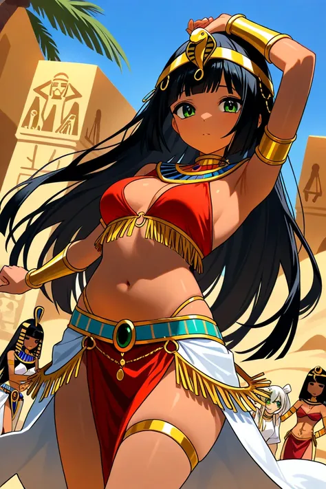 An Egyptian woman , long hair,  black hair , fringe,  green eyes , white pele,  sexy clothes ,  belly dancer,  red clothes ,  gold accessories , oasis