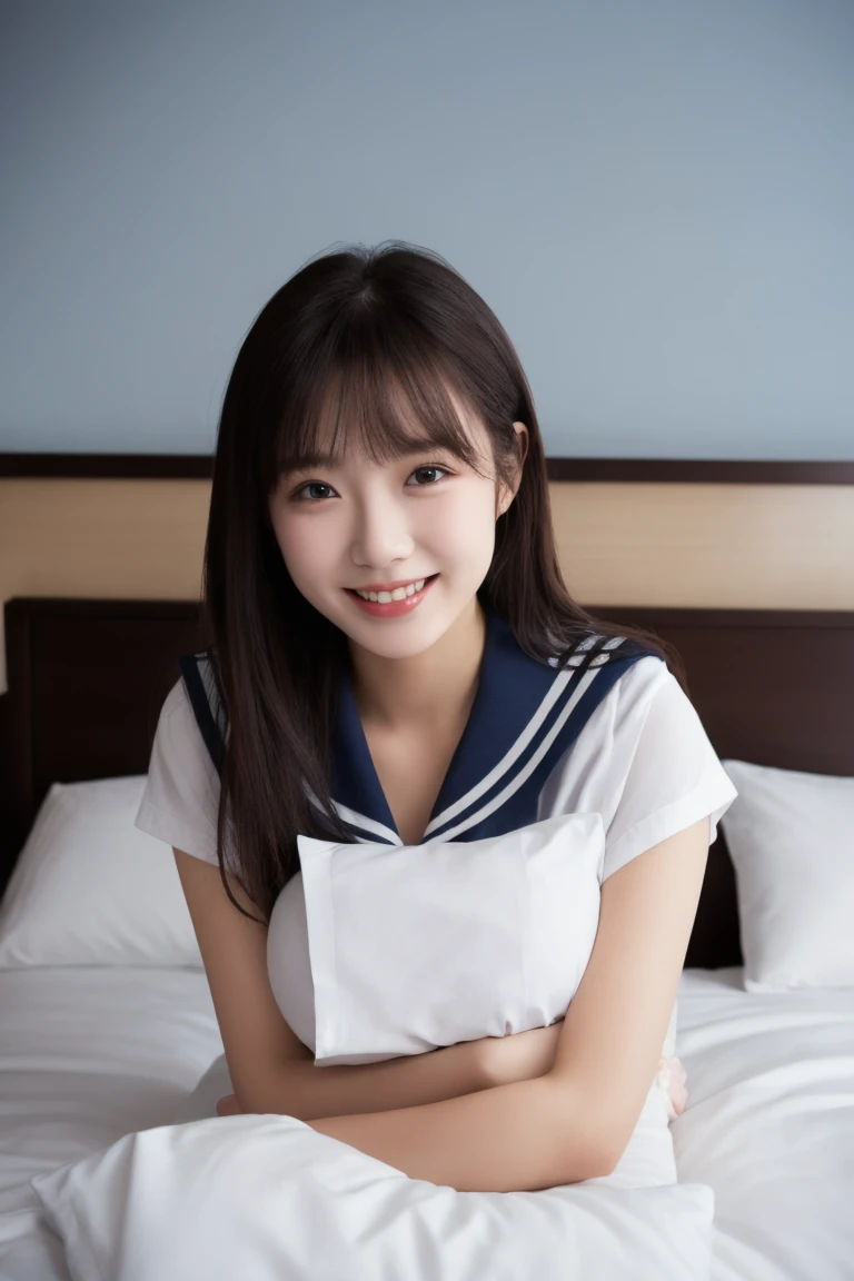  sailor suit 、  hotel、  bed、 big breast、smile、Hold the pillow tightly