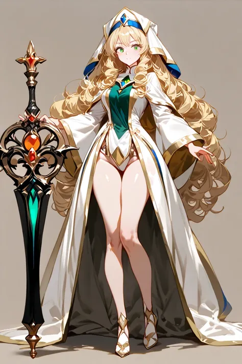 ( sexy clothes ), A girl in priestess clothes , She is blonde, long curly hair,  green eyes , holding a magic staff,  her clothes are sexy in the colors white, red and gold, thighs sample (PERFECT ANATOMY ), (young girl), (standing), ( full body ), (neutra...