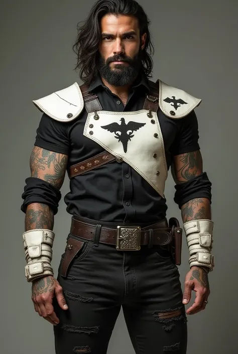 A handsome brave man with dark skin, long hair, and thick facial hair, with prominent body tattoos covering his arms and back, and military trousers with a slim fit, tucked into his tall, knee-high riding boots. The man's long black pants are stained and r...