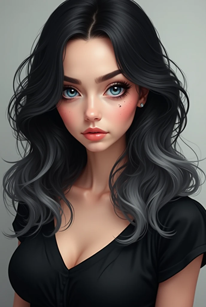 Create a feminine look with different colored eyes ; , the right black and the left light blue ,  who has long black and white hair with a mole near the eyebrow, with a pear-shaped body and a black dress 