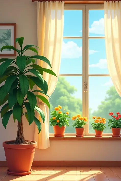 In a beautiful cartoon room by the window, a large flower pot with a huge beautiful green plant, next to a large flower pot there is a tangerine tree, green house plants on the windowsill with colorful flowers in small flower pots