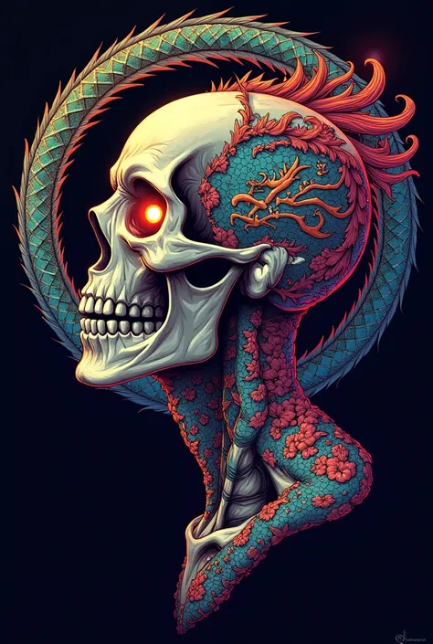 "A detailed human head transitioning into a skeleton skull, covered in vibrant tribal tattoos with glowing eyes, surrounded by a circular dragon design in iridescent colors on a dark background. Funky, surreal, and highly detailed art style."