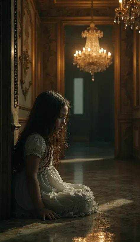 A dark fantasy, realistic depiction of  abuse through stark contrast. Inside a luxurious, opulent mansion with grand chandeliers, marble floors, and richly decorated walls, a small girl sits in the corner, hidden in the shadows. Her dress is delicate but t...