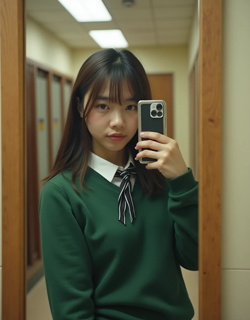 a ager taking a picture of herself in a mirror, a picture, tumblr, school uniform, ssr card, wearing green, 2 0 2 2 photo