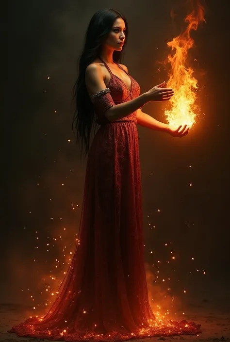 "The Fire Goddess version of this is standing in a side pose with a strong and confident posture. Long black hair, black eyes,  has long eyelashes and a slightly pale complexion . Her nose is neat and slightly raised .  She holds fire in her left hand and ...