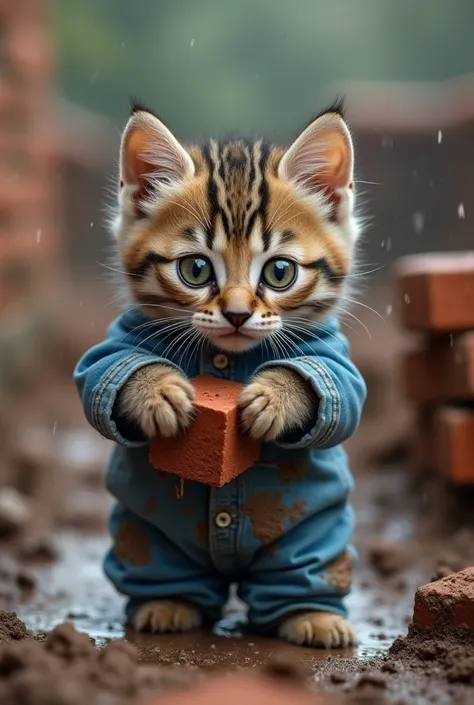 " A small kitten with a striped coat ,  with large and expressive eyes ,  wearing a blue jumpsuit dirty with mud , holding a brick with its paws .  The setting is a construction site on a rainy day ,  with raindrops visible in the air and pools of mud arou...