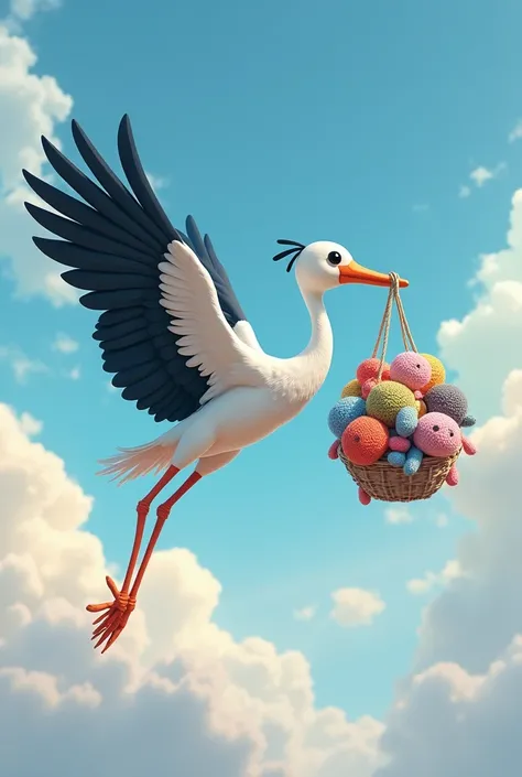 Draw a flying stork with amigurumi dolls in its mouth