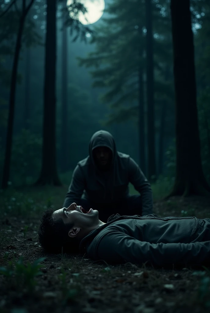 "A man lying on the forest floor at night, his mouth open in a silent scream as a shadowy doppelgänger kneels over him, its head tilted unnaturally. The dense woods are dark and suffocating, and the moonlight casts an eerie glow on the scene. The atmospher...