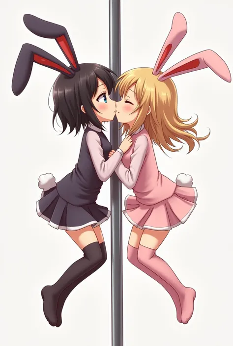 Two little  girls, anime, dressed as a sexy tight bunny, dancing on a pole,  kissing, maximum quality.