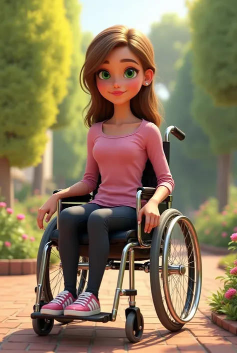 Create a cartoon of a beautiful young woman in a wheelchair with green eyes and long light brown hair tied with leggings and pink blouse printed with shiny sneakers in a beautiful Disney Pixar-style garden in 3D and HD 