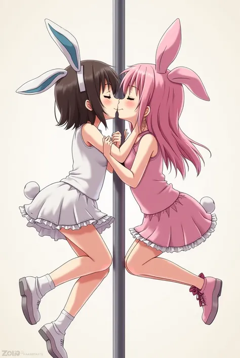 Two little  girls, anime, dressed as a sexy tight bunny, dancing on a pole,  kissing, maximum quality.