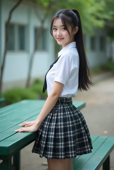 Real photos High-quality Realistic of thai woman, Beautiful girl (((large breast , big breast , nsfw))) , Best Quality, 20 years old thai girl in a school uniform astanding near a green metal table,  She is wearing a white shirt(((large breast , big breast...