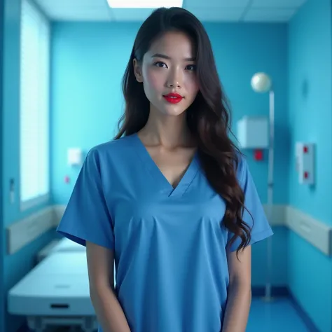  A nurse in blue latex uniform, with a hospital background and patient bed in treatment.  A beautiful girl with long hair and red lips in a blue room, in a photorealistic style.  soft light,  high resolution ,  high quality,  High details , high sharpness....