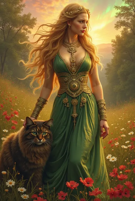 **cena**:  A vibrant and magical painting of Freyja , the goddess of love, Beleza,  fertility and magic .  The scene is shrouded in shades of gold ,  red and green ,  reflecting her connection with nature ,  the passion and the divine .

**Central Figure -...