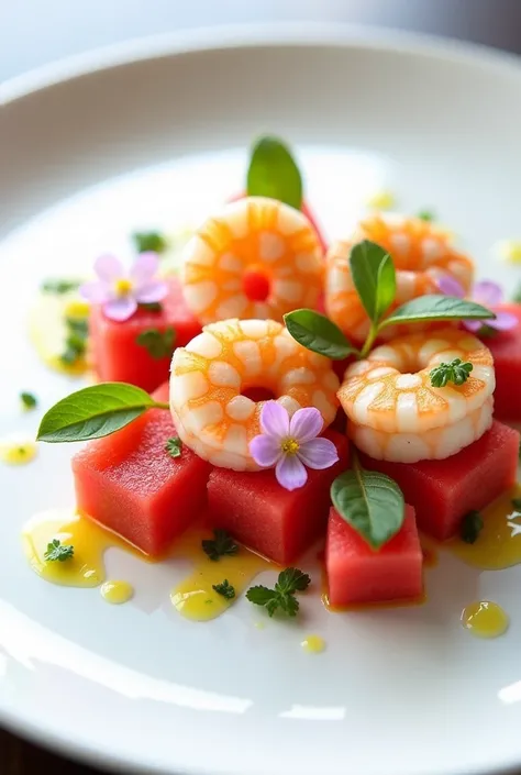 Prawn & watermelon salad plating