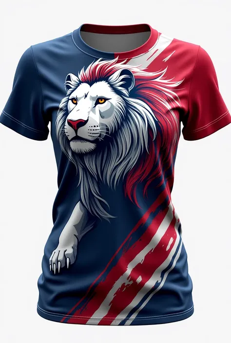 Design front and back sports t-shirt for women with the colors red, white, blue with y /or curved , that has a lion.