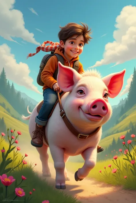 A young man riding a pig