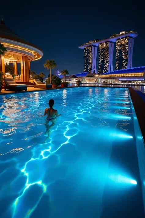 A realistic long exposure photograph of an opulent infinity pool at night atop the Marina Bay Sands in Singapore, illuminated by vibrant, intensified underwater glowing lights. The water shimmers with radiant hues, casting mesmerizing reflections across th...