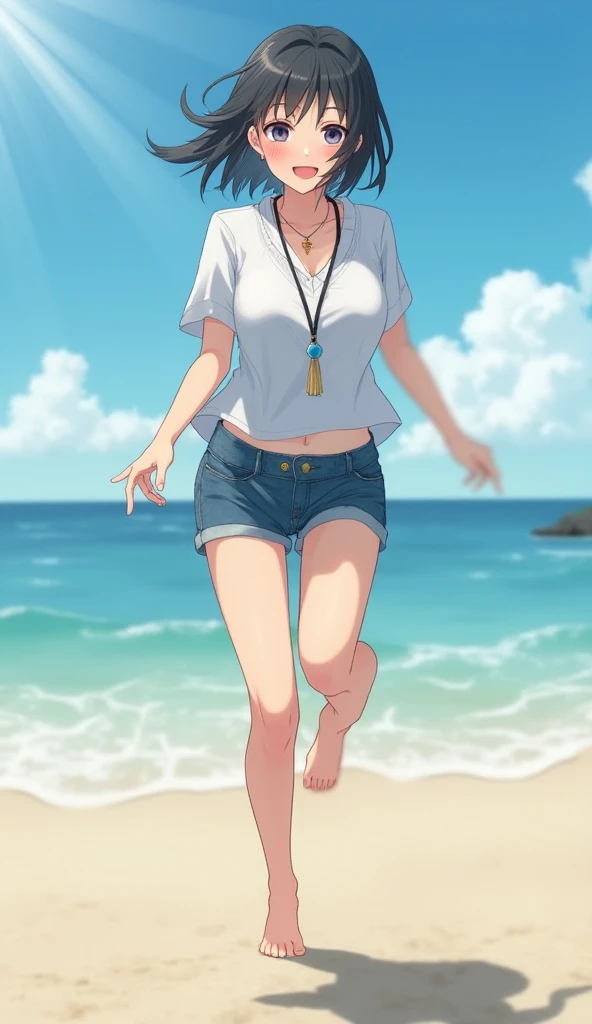 Realistic image (masterpiece, best quality), 1Japanese girl solo, larger breath, sr-asta, researcher-outfit, jumping, crossing_legs, barefoot, soles, from_below, beach, looking_at_viewer, smile, blushLarge breasts, Earrings, Necklace 