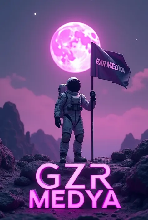 “A detailed astronaut in a futuristic space suit standing proudly on a rocky alien planet under a dreamy purple night sky with a full moon. The astronaut holds a flag with ‘GZR MEDYA’ written on it. The scene has a futuristic and digital aesthetic, with a ...