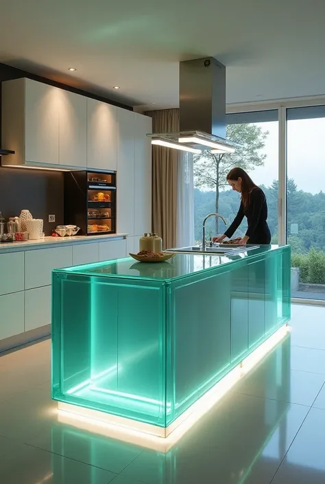 Le meilleur fond d'écran, Photo de vu au centre d'une cuisine futuriste , Prise de vu avec luxury cristal kitchen central îlot central cuisine diamant central kitchen, diamant, de vert, de bleu, une femme cheveux court noir assise sur la cuisine central, a...