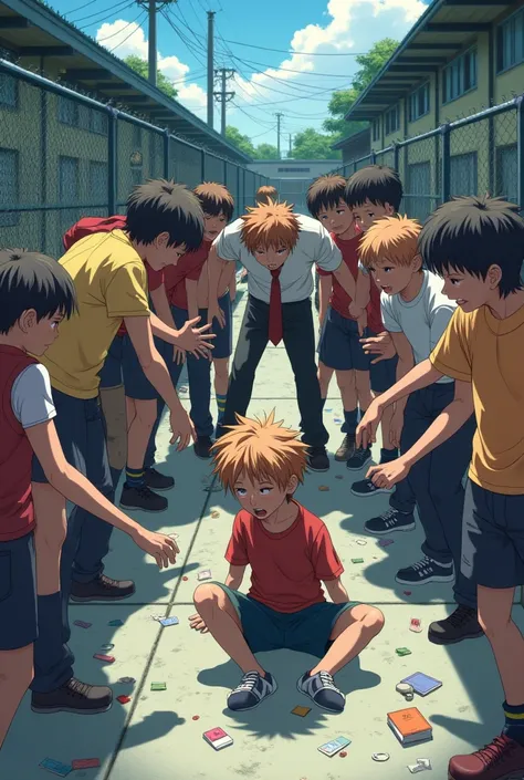 A picture of a ten-year-old  being beaten by bullies in the school yard anime