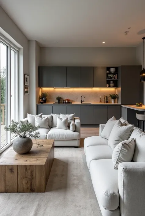 Rustic-modern living room and kitchen in gray tones, white and light wood